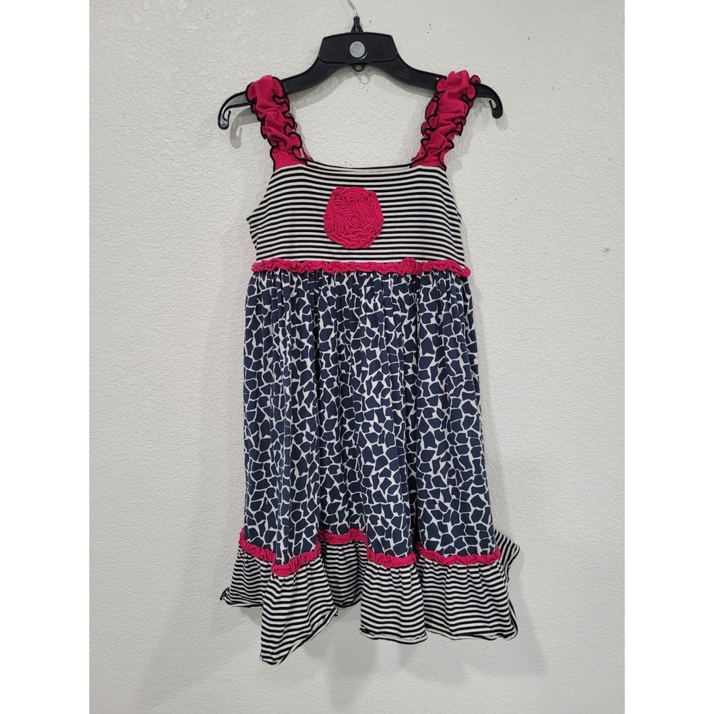 Banana Split Girls Dress 6X Pink Navy Blue Striped Giraffe Ruffle Rosette #10